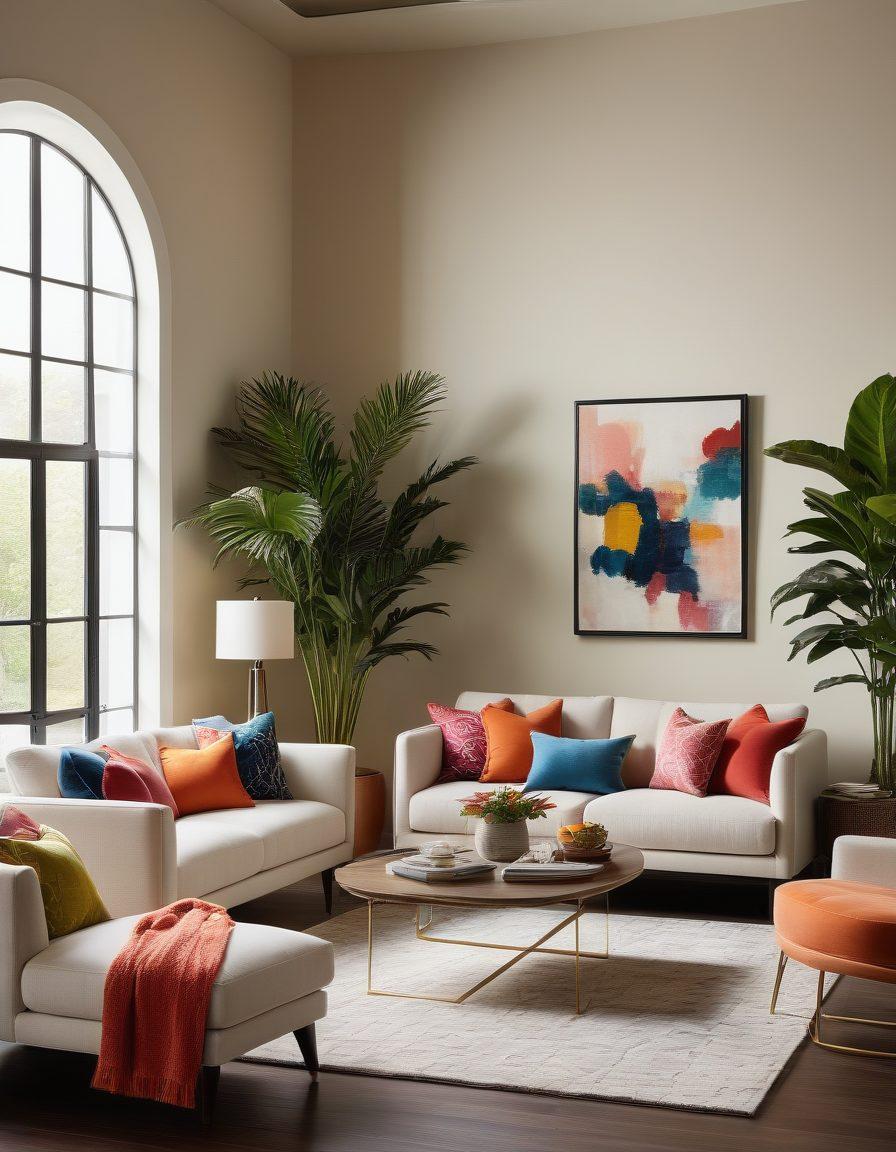 A beautifully designed living room showcasing Mitchell Furniture's modern collections, featuring sleek sofas, stylish chairs, and vibrant accent pillows. The space should be well-lit, with large windows allowing natural light to filter in, adorned with potted plants and contemporary artwork on the walls. Include a cozy reading nook with a stylish lamp and a plush throw blanket for added comfort. Use a palette of soothing colors with pops of bold tones to reflect modern elegance. super-realistic. vibrant colors. decor style.